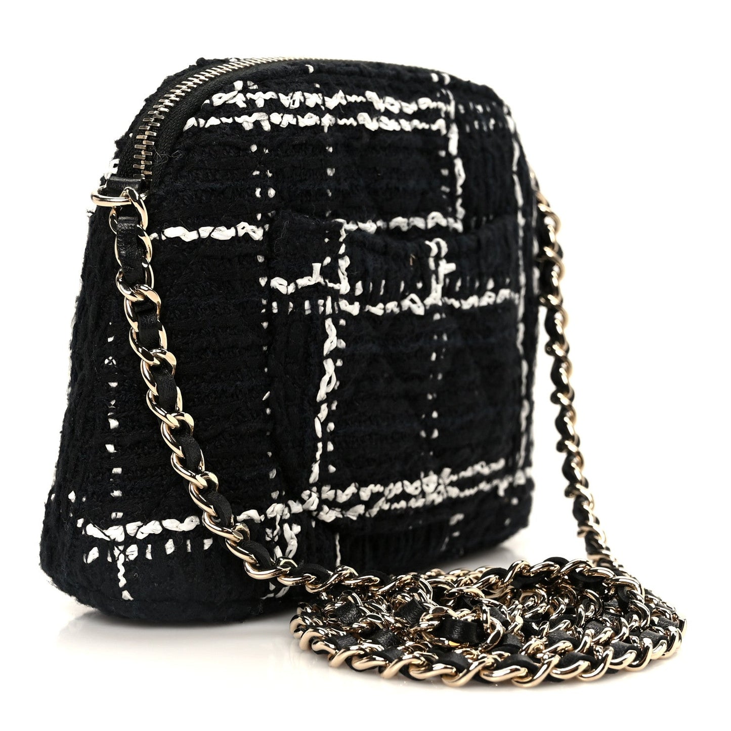 Tweed Quilted Mini Clutch With Chain Black White