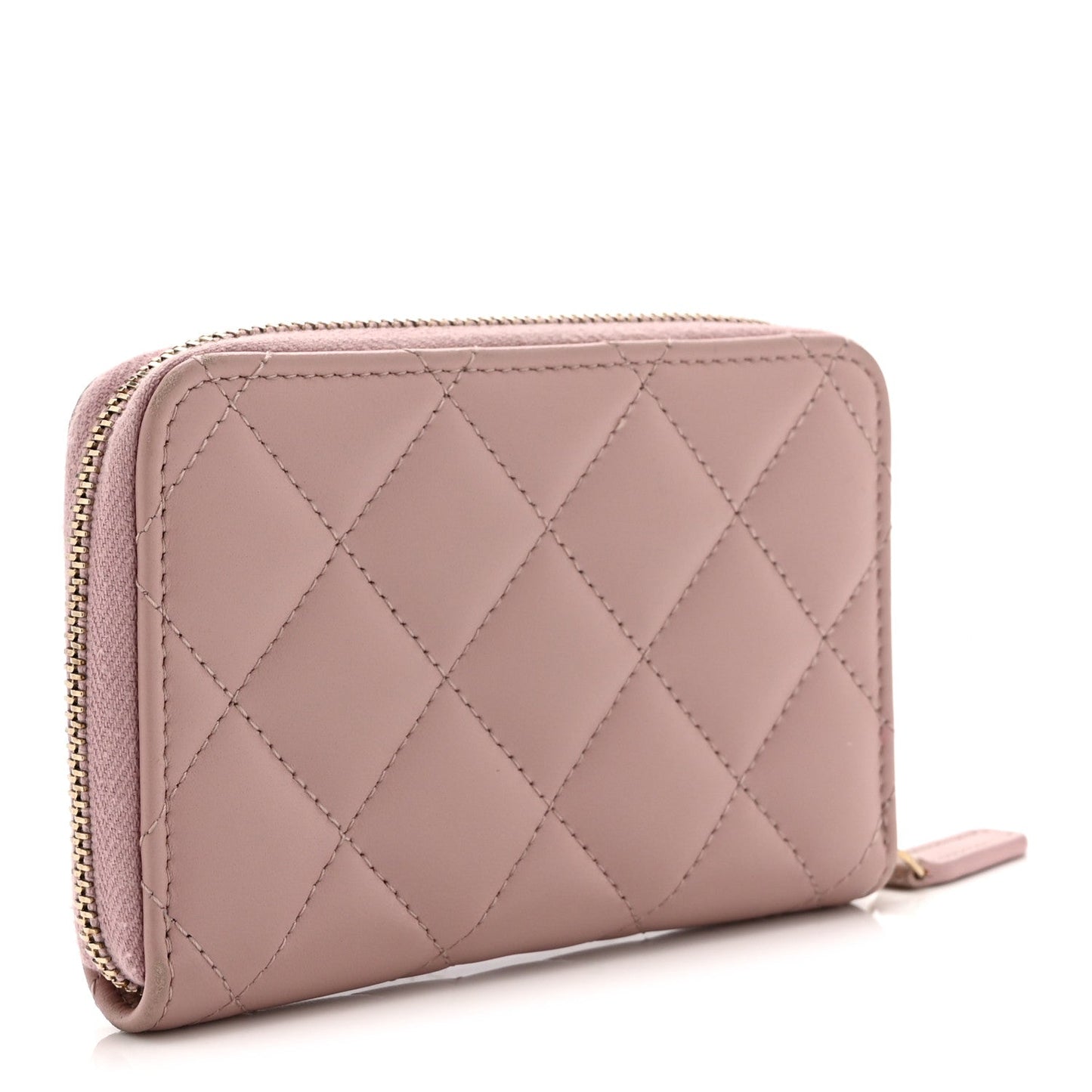 Lambskin Quilted Pearl CC Zip Around Coin Purse Wallet Pink