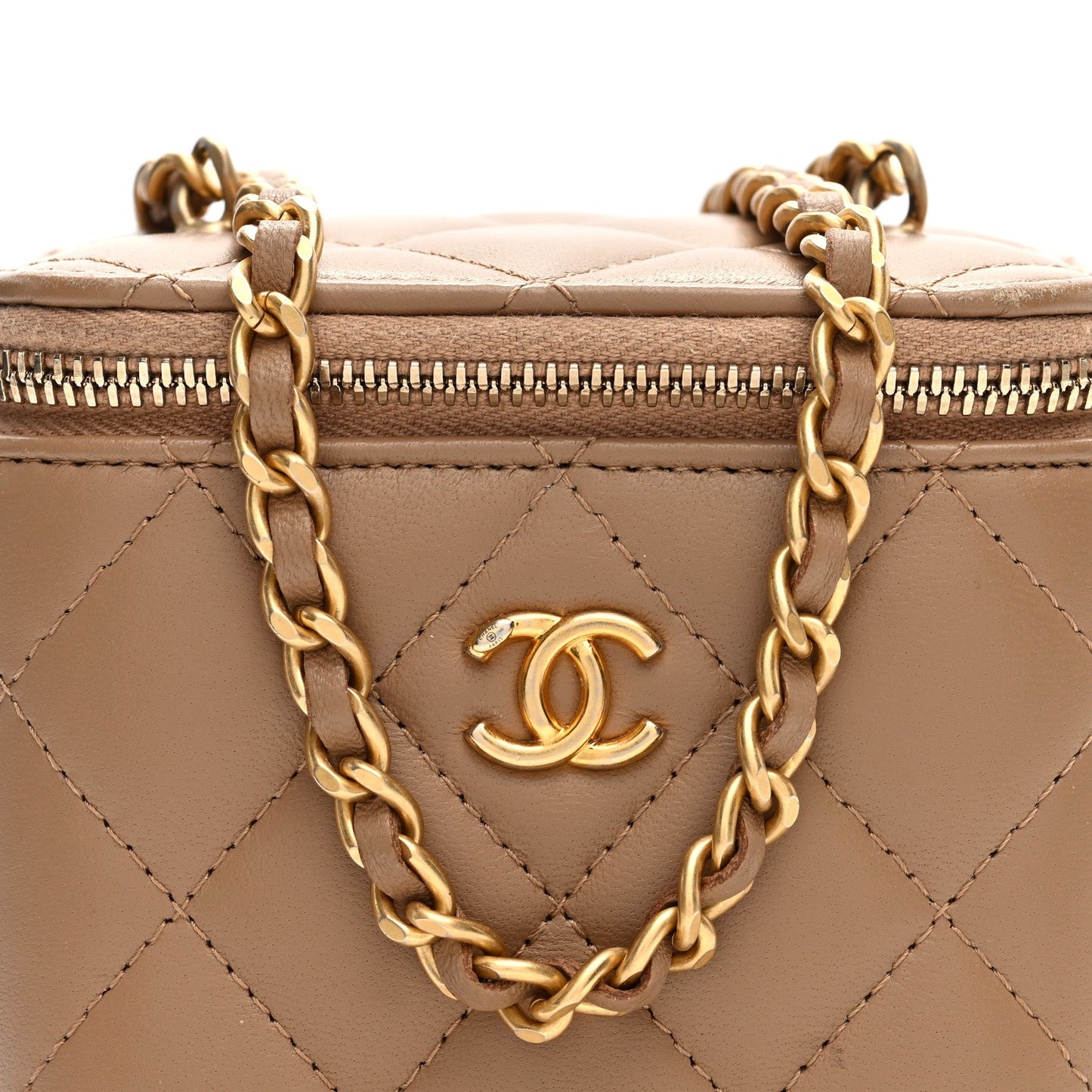 Lambskin Quilted Pearl Crush Mini Vanity Case With Chain Beige