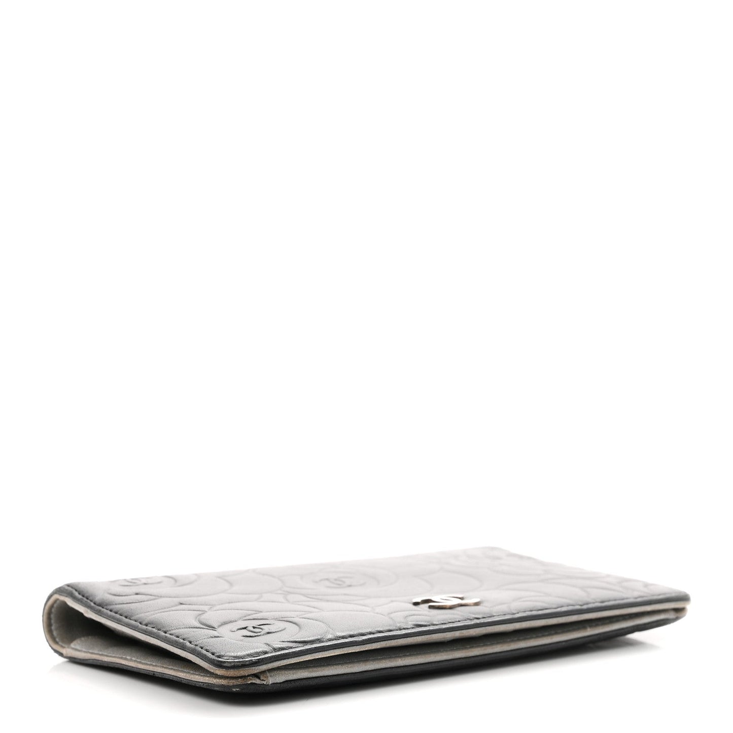 Lambskin Camellia Embossed Yen Wallet Black