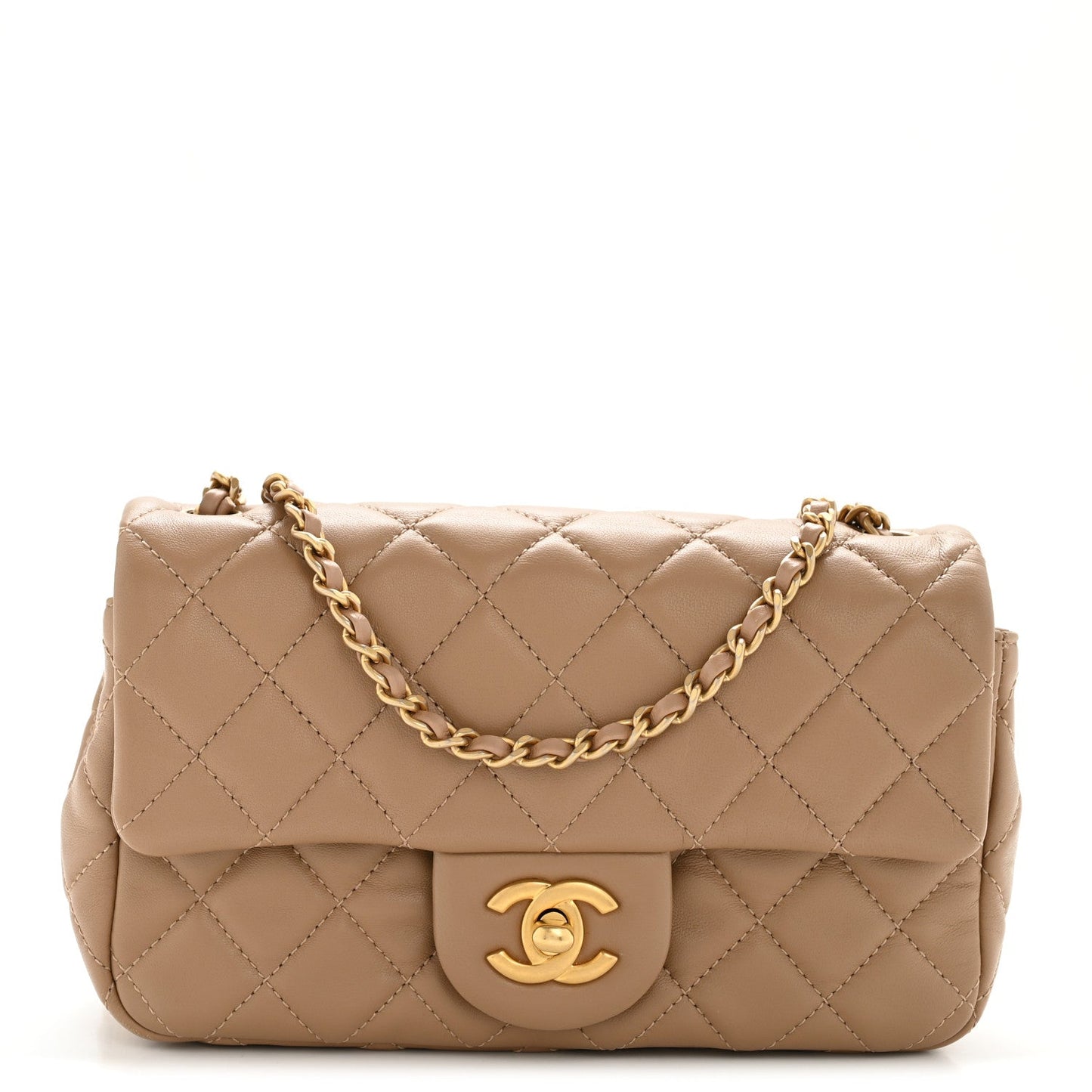 Lambskin Quilted Mini Rectangular Pearl Crush Flap Beige