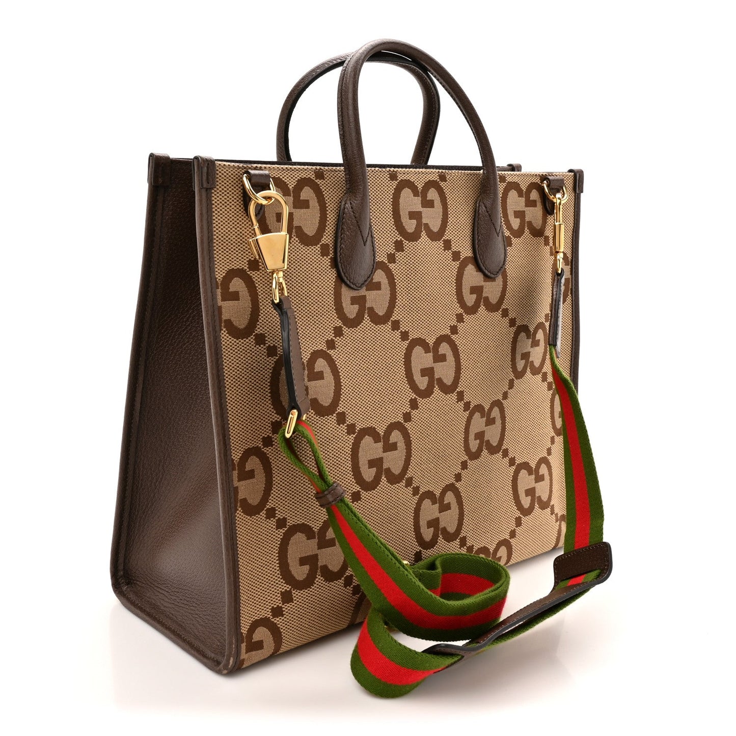Monogram Jumbo GG Textured Dollar Calfskin Web Tote Bag Camel Ebony New Acero