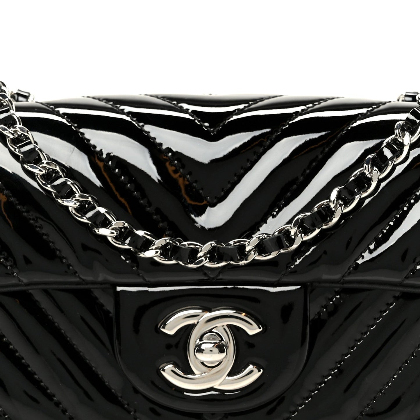 Patent Calfskin Chevron Quilted Extra Mini Flap Black