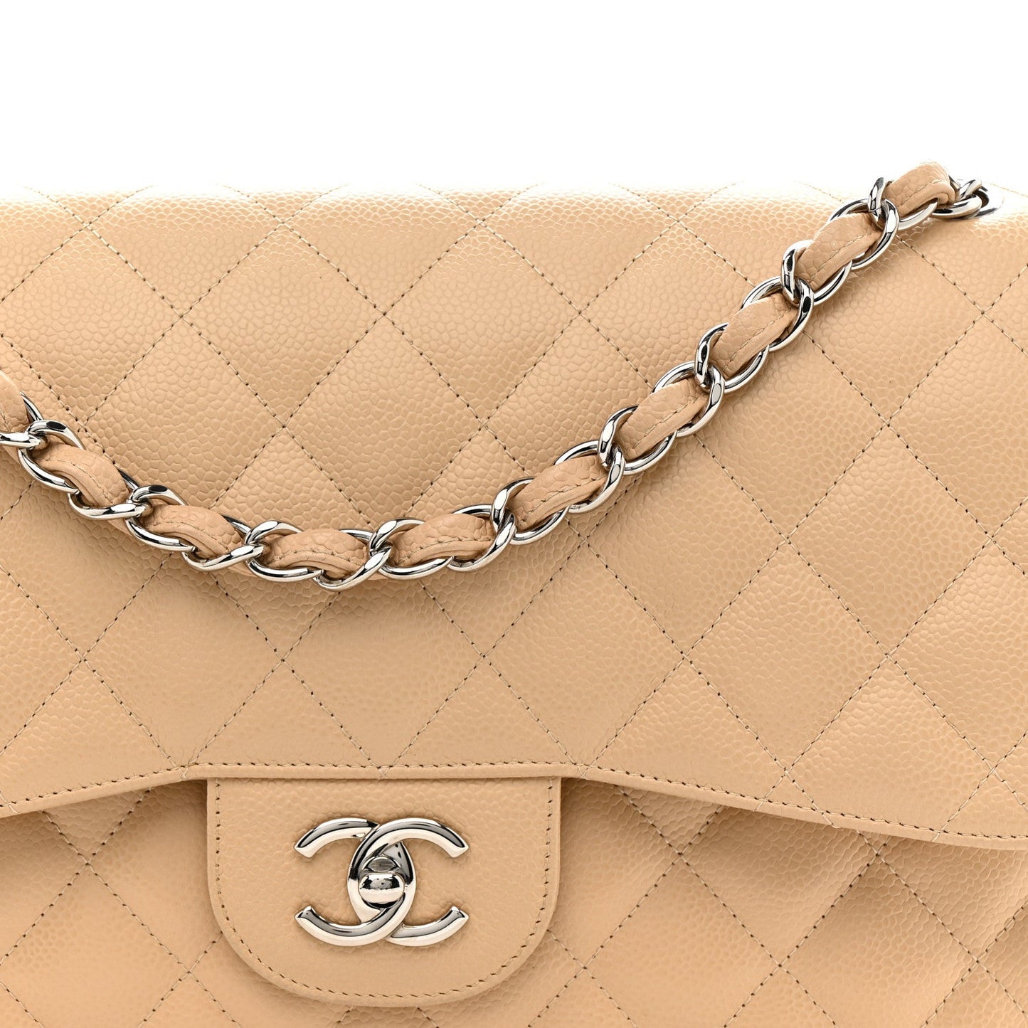 Caviar Quilted Jumbo Double Flap Light Beige