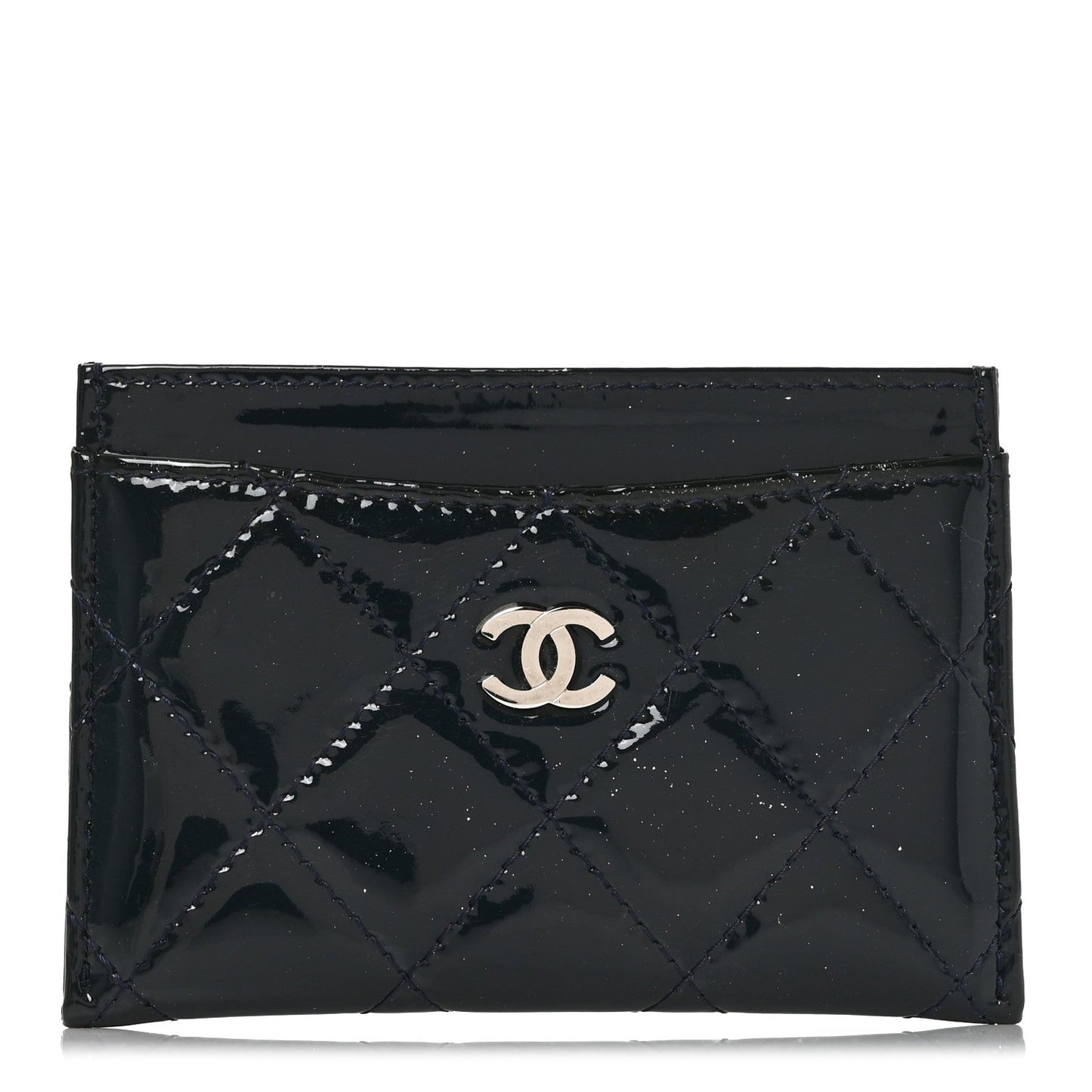 Patent Calfskin Quilted Card Holder Navy Blue