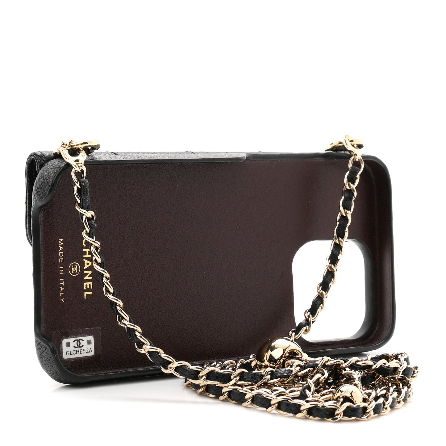 Caviar Quilted Pearl Crush iPhone 15 Pro Max Holder With Chain Black