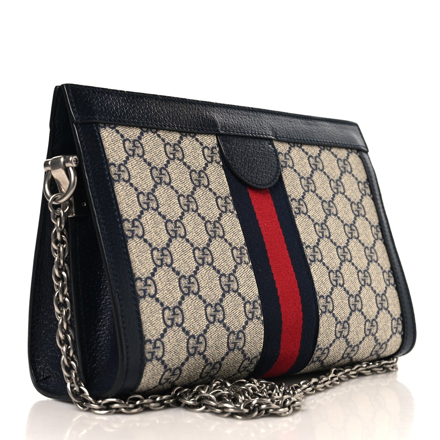 GG Supreme Monogram Textured Dollar Calfskin Web Small Ophidia Chain Shoulder Bag Beige Blue