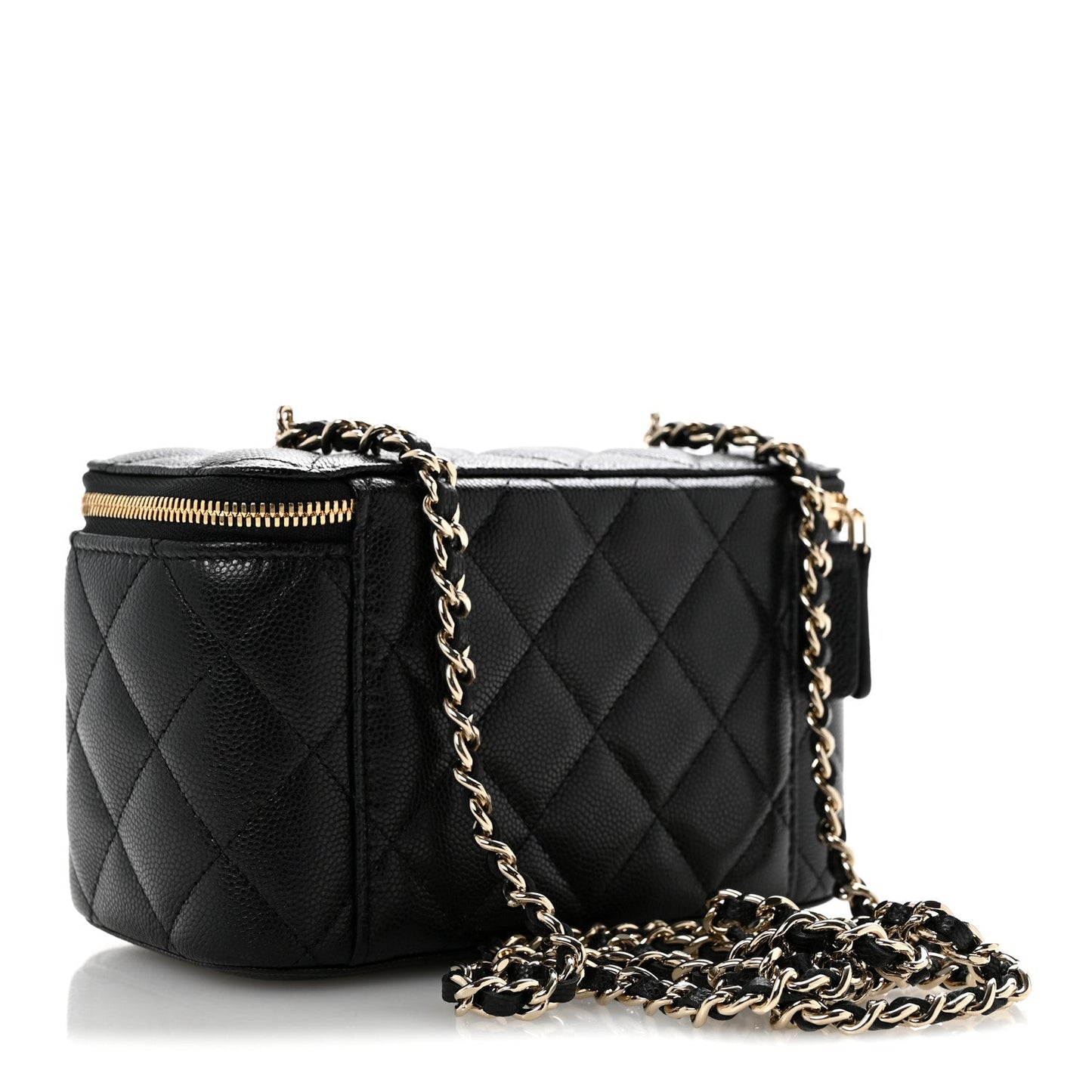 Caviar Quilted Crystal CC Logo Vanity Case With Chain Black