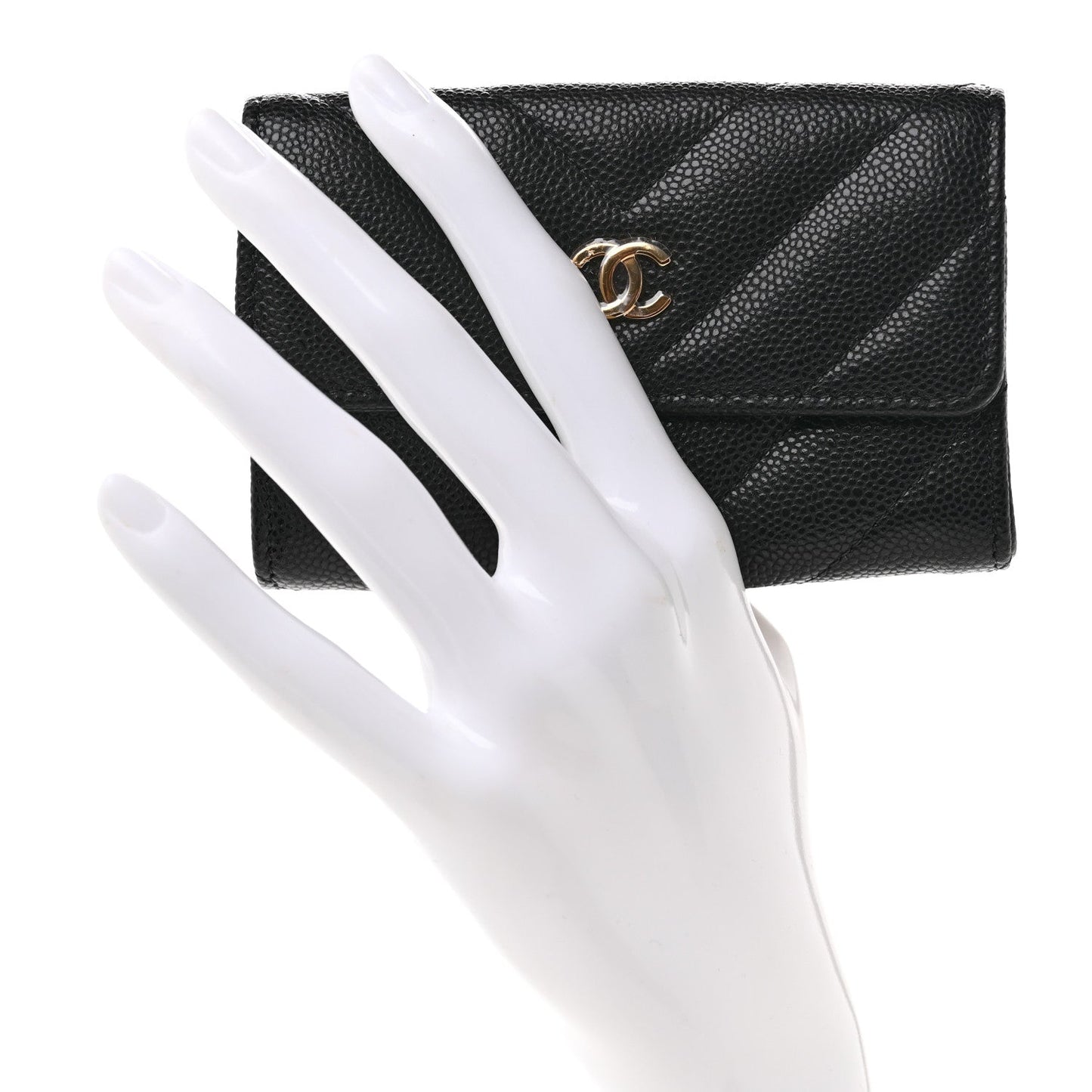 Shiny Caviar Chevron Quilted Flap Card Holder Black