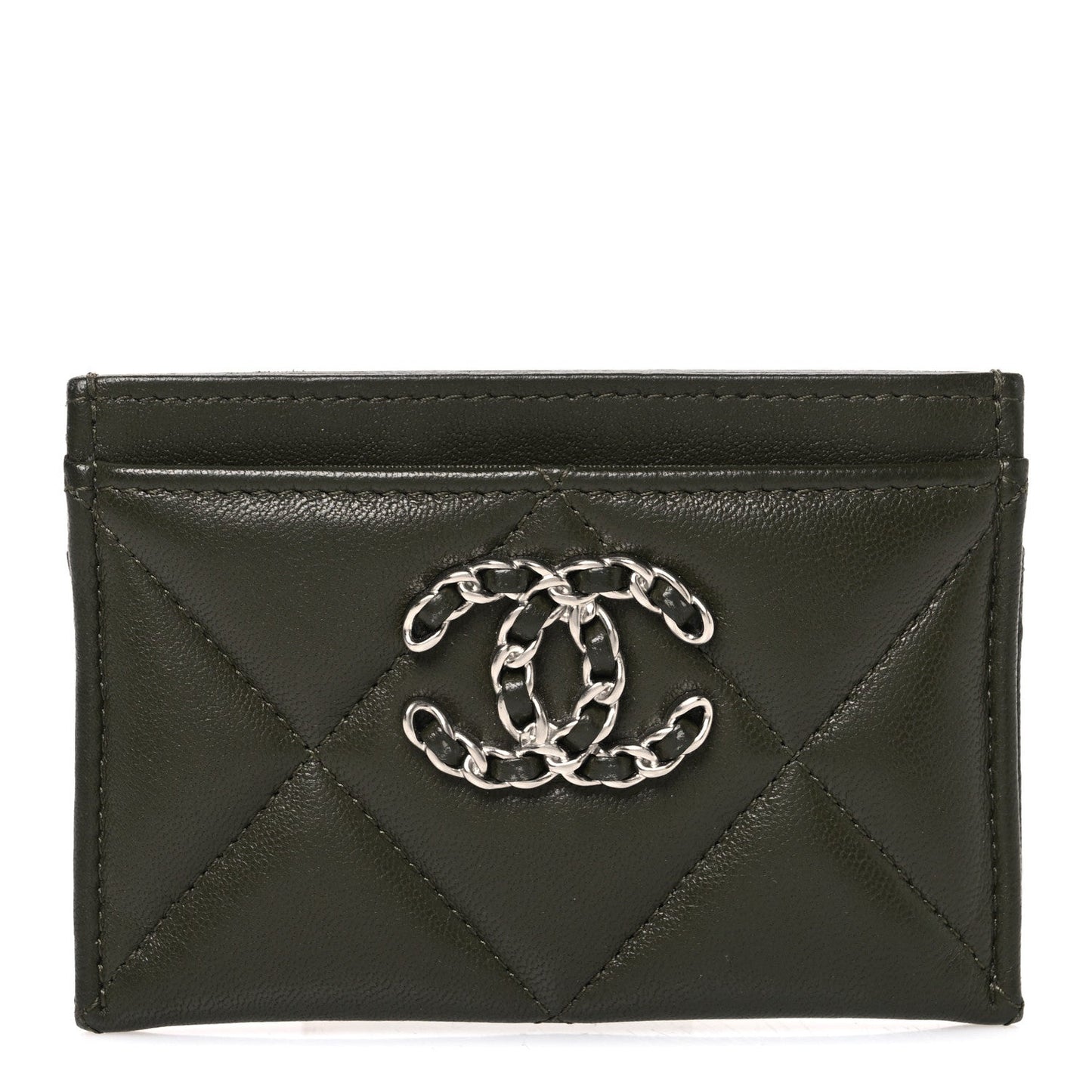 Lambskin Quilted Chanel 19 Card Holder Khaki