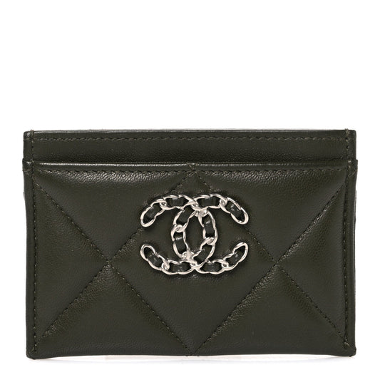 Lambskin Quilted Chanel 19 Card Holder Khaki