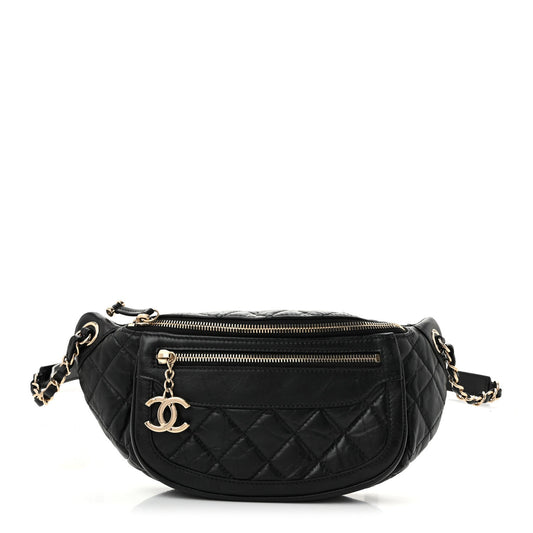Aged Calfskin Quilted Waist Bag With Coin Purse Black
