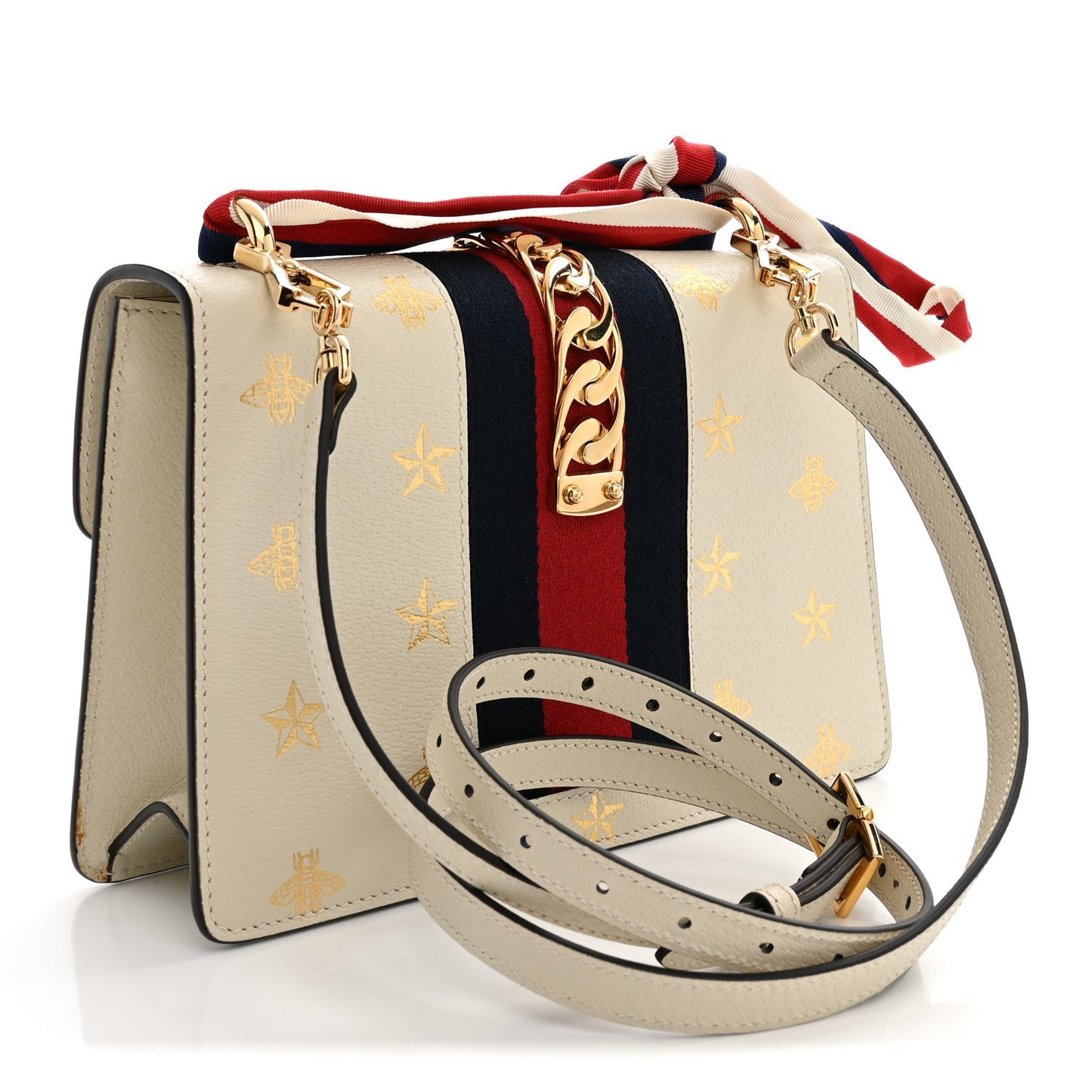 Textured Calfskin Bee Star Print Small Sylvie Shoulder Bag Mystic White
