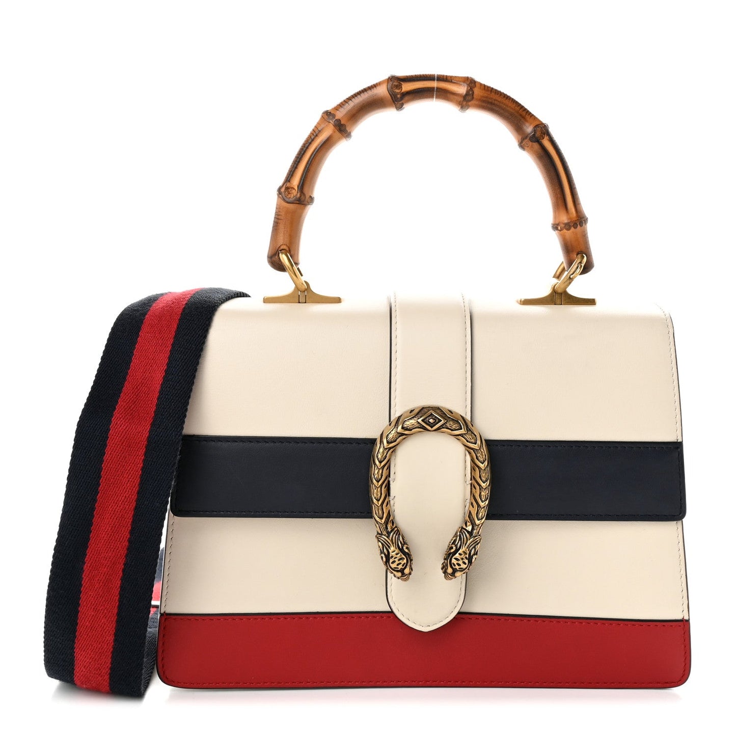 Calfskin Bamboo Web Medium Dionysus Top Handle Bag White Blue Hibiscus Red