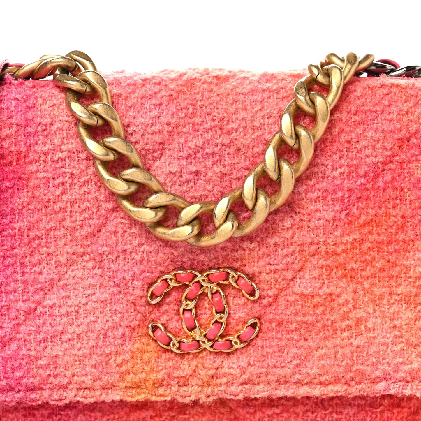 Wool Tweed Lambskin Quilted Chanel 19 Wallet On Chain WOC Coral Pink