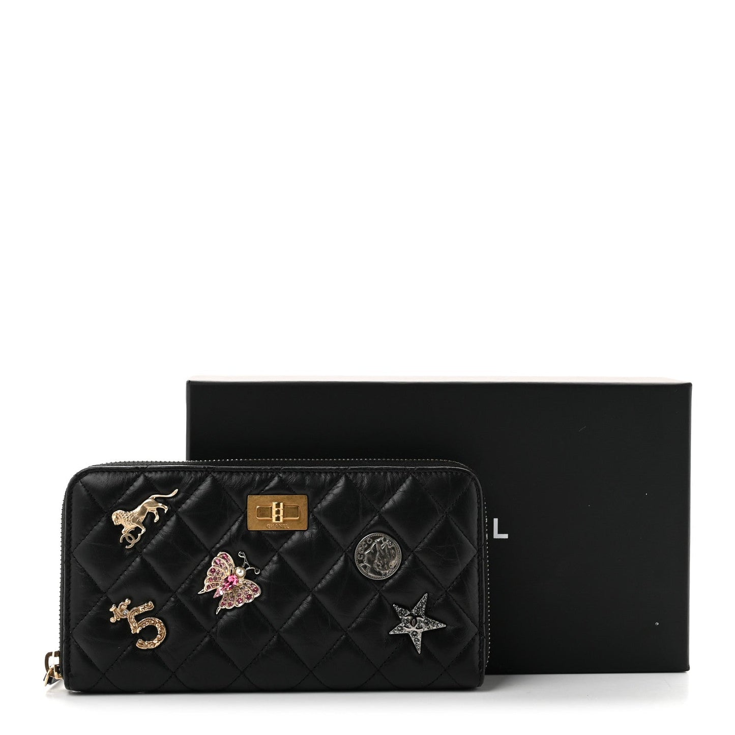Aged Calfskin Quilted Lucky Charms 2.55 Reissue Zip Around Wallet Black