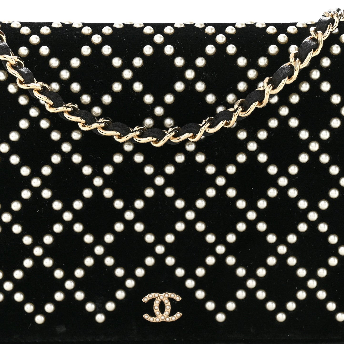Velvet Pearl Diamond Embellished Wallet On Chain WOC Black