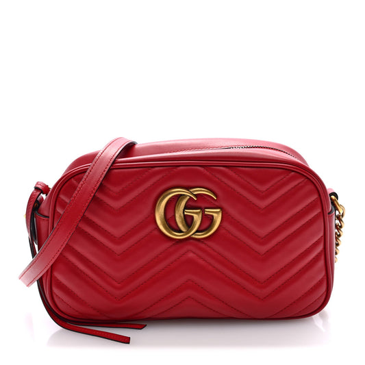 Calfskin Matelasse Small GG Marmont Chain Shoulder Bag Hibiscus Red