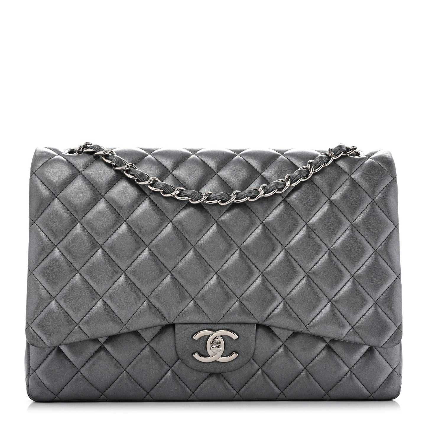 Metallic Lambskin Quilted Maxi Double Flap Pewter