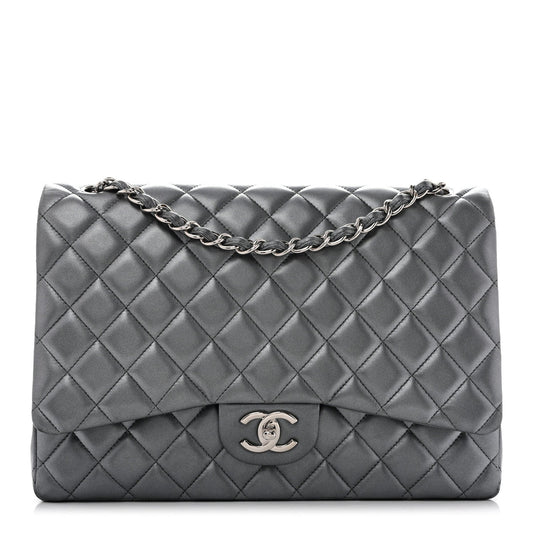 Metallic Lambskin Quilted Maxi Double Flap Pewter