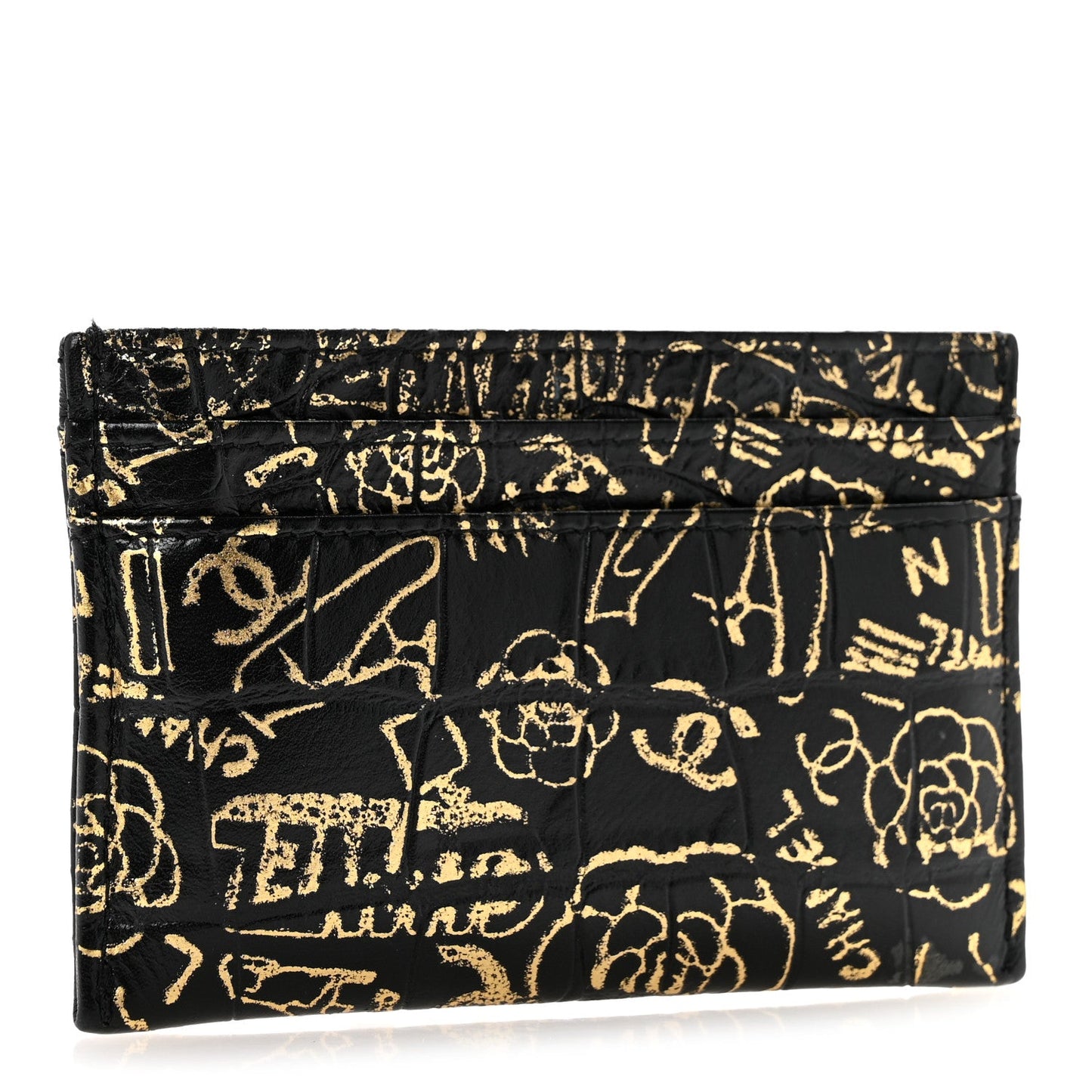 Calfskin Crocodile Embossed Graffiti 2.55 Cocodile Reissue Card Holder Black Gold