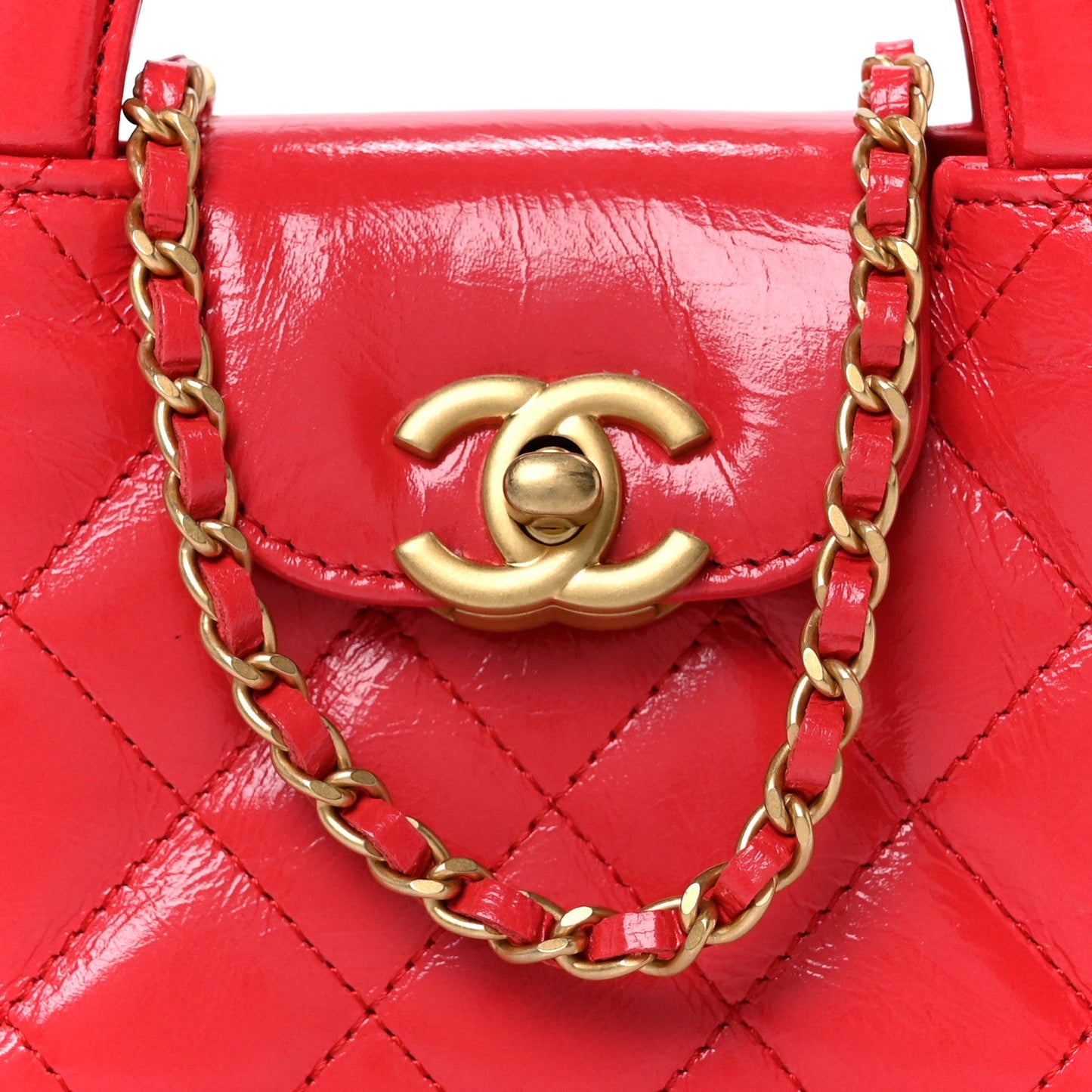Shiny Aged Calfskin Quilted Mini Nano Kelly Shopper Red