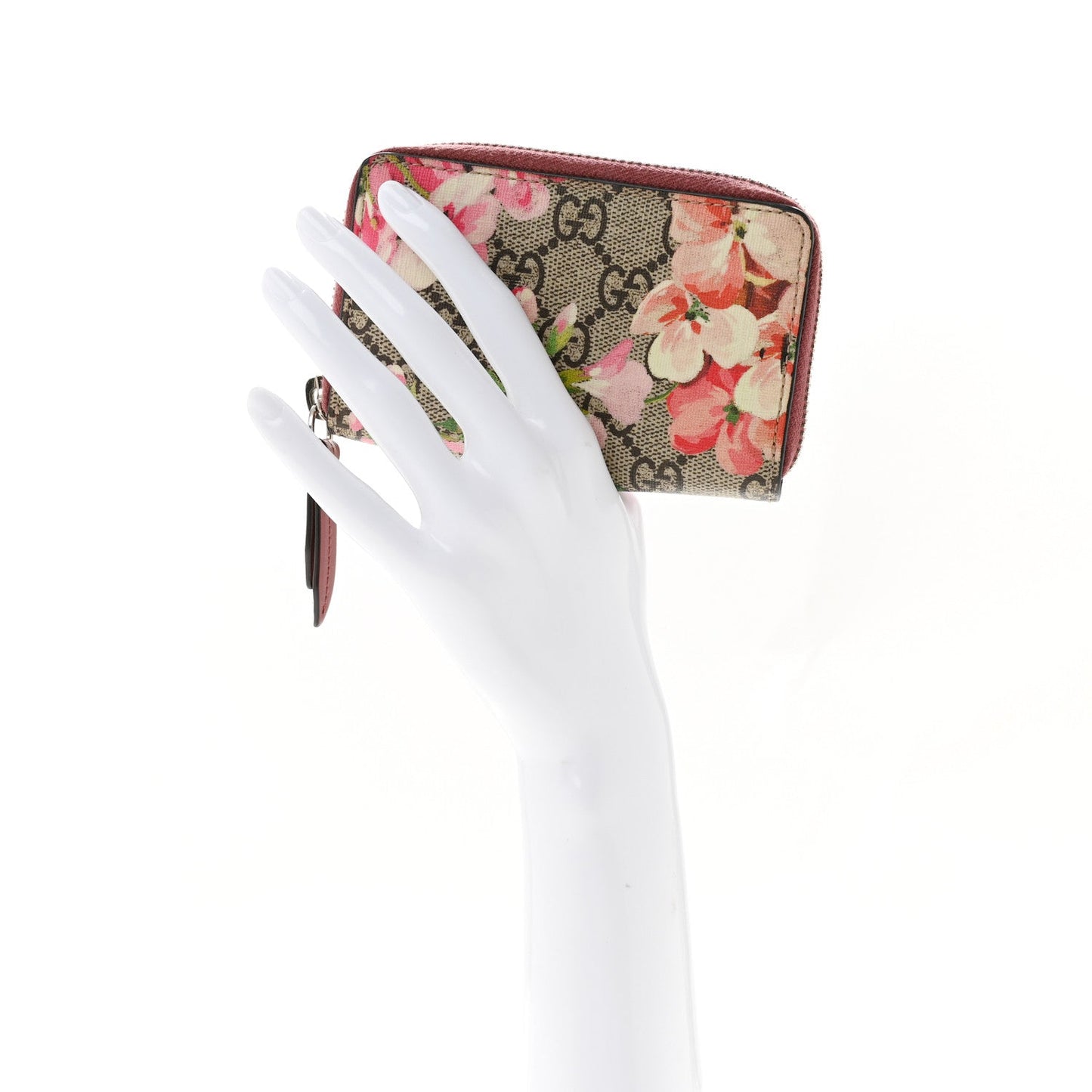 GG Supreme Monogram Blooms Zip Around Card Case Wallet Beige Multicolor Dry Rose