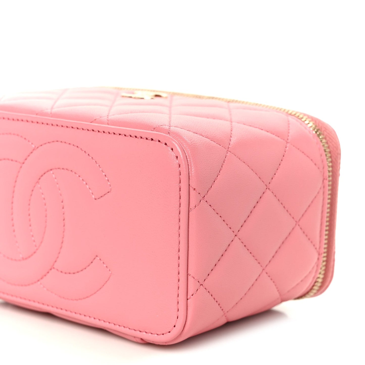 Lambskin Quilted Small Top Handle Vanity Case With Chain Pink