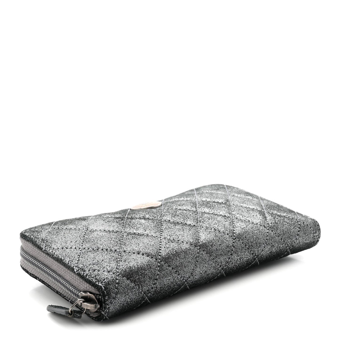 Iridescent Calfskin Quilted Tartan Button Zip Around Wallet Grey