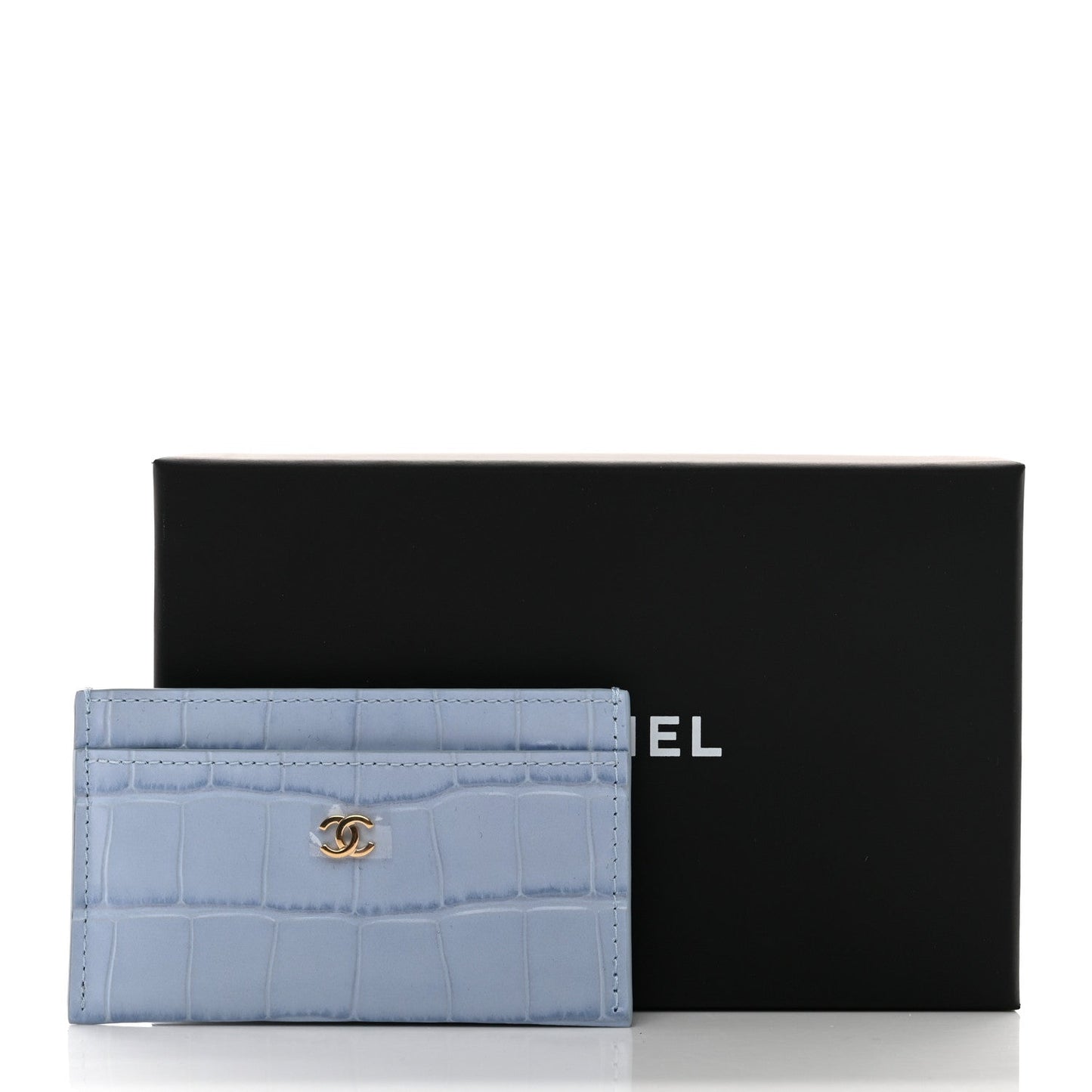 Calfskin Crocodile Embossed Crococo Card Holder Light Blue