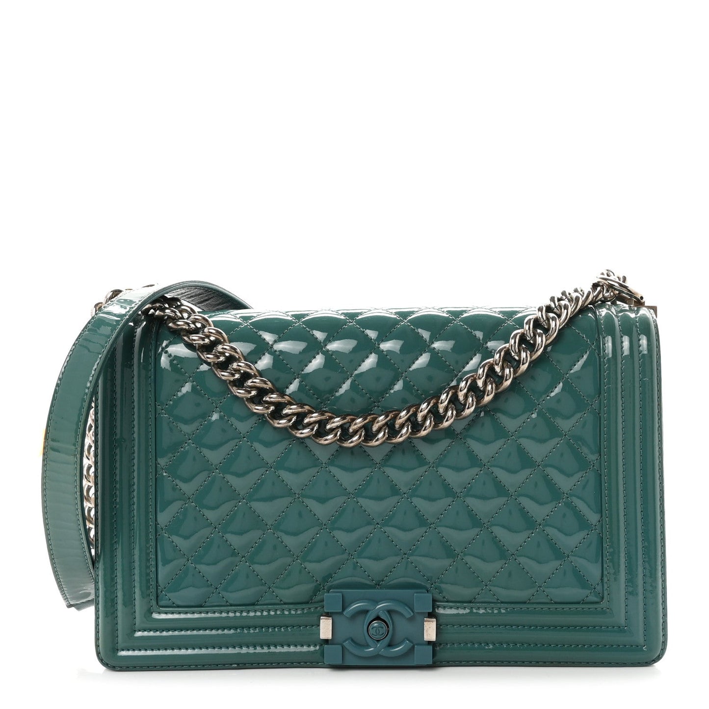 Patent Calfskin Quilted New Medium Plexiglass Boy Flap Turquoise