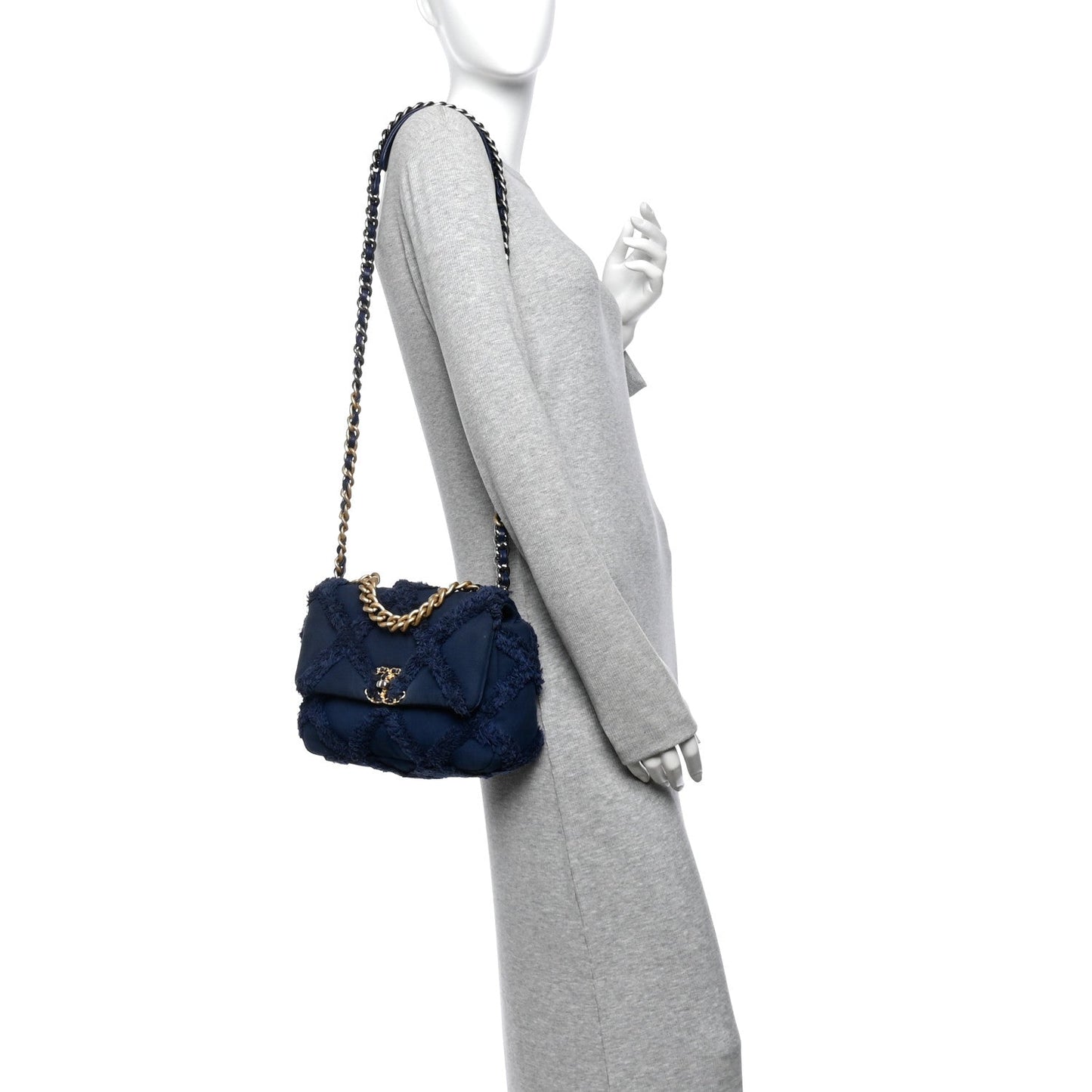 Cotton Canvas Quilted Medium Chanel 19 Flap Navy Blue
