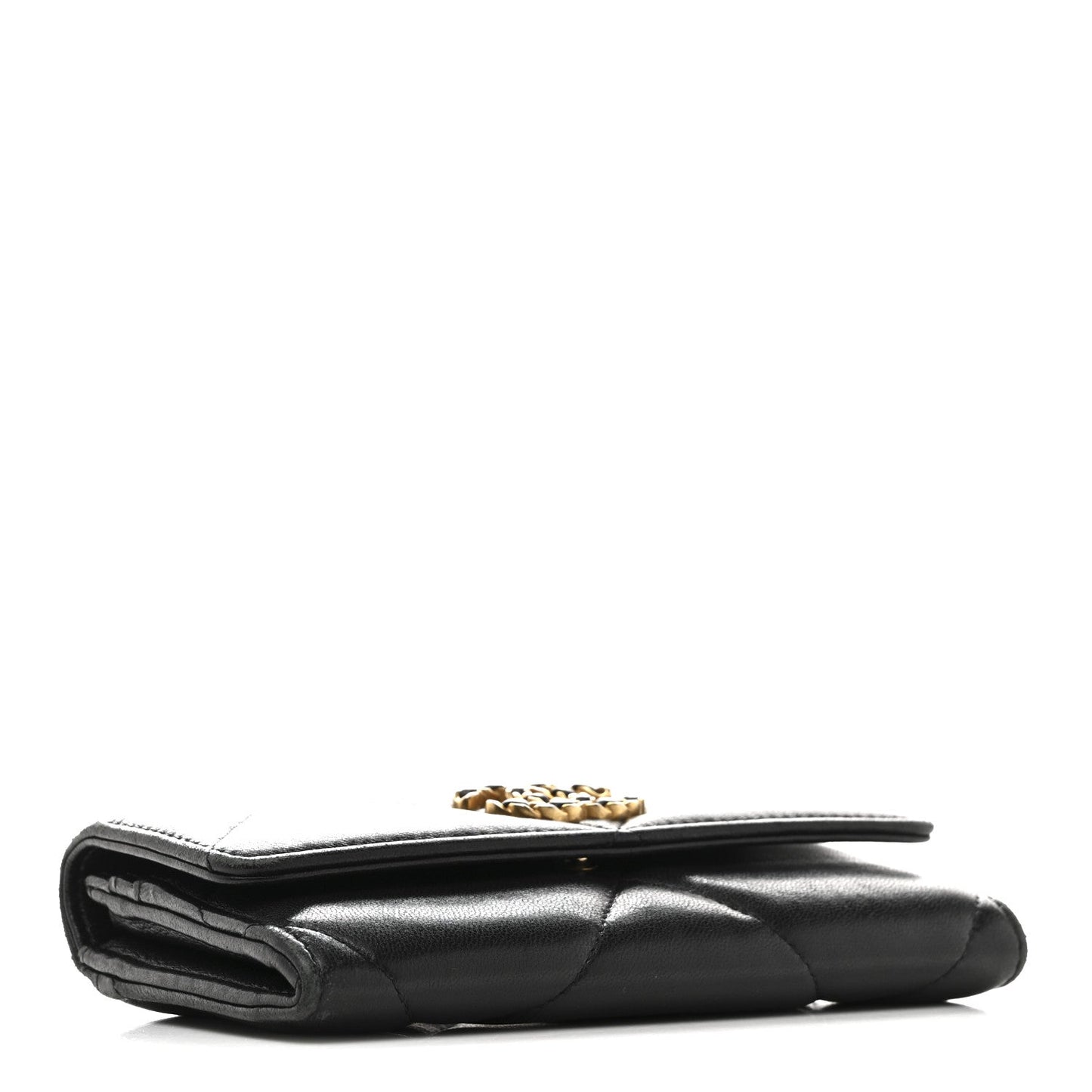 Shiny Goatskin Quilted Chanel 19 Flap Wallet Black