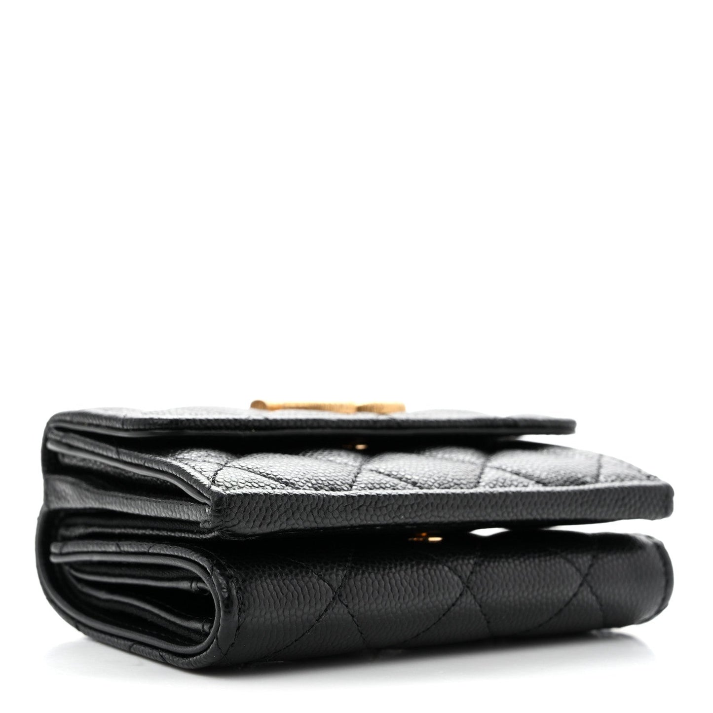 Caviar Quilted Textured CC Tri-Fold Flap Wallet Black