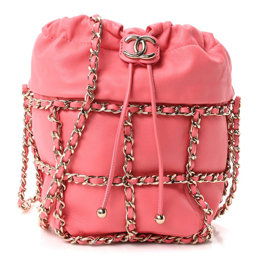 Lambskin Bucket Chain Drawstring Bag Pink
