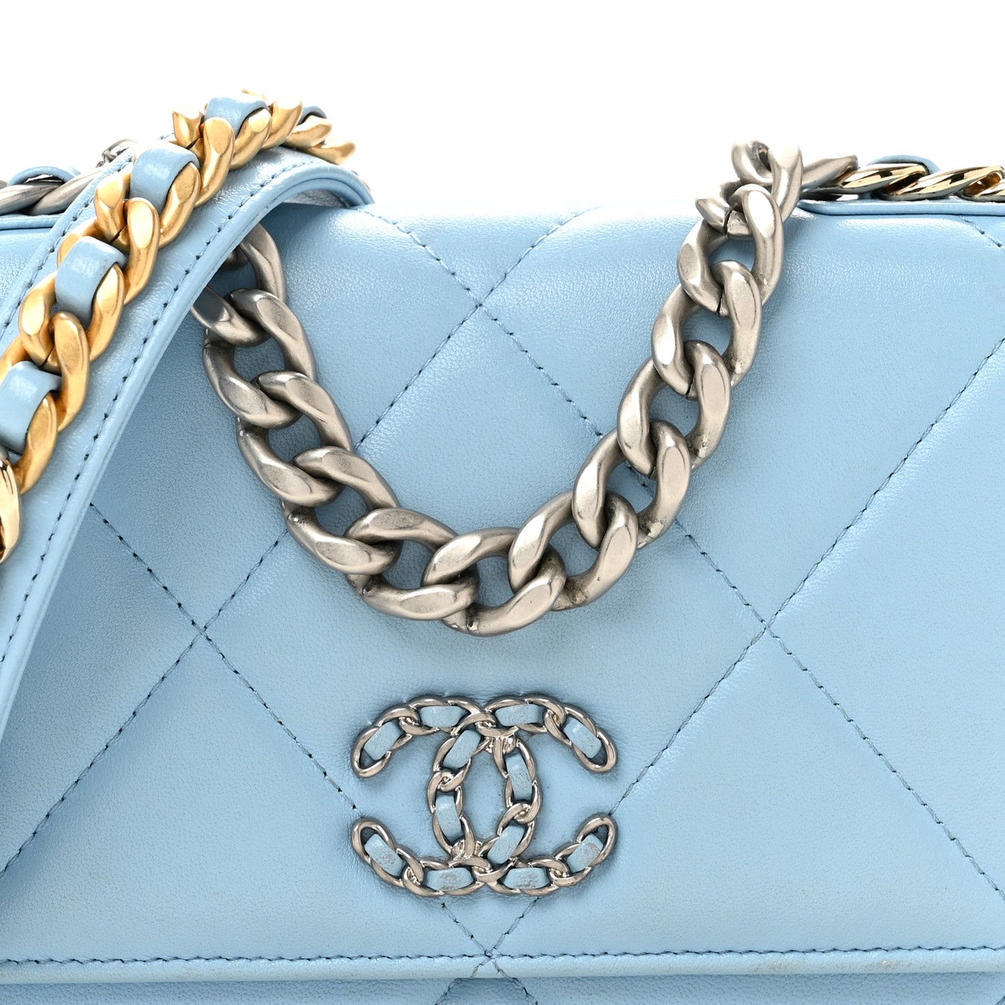 Lambskin Quilted Chanel 19 Wallet On Chain WOC Light Blue