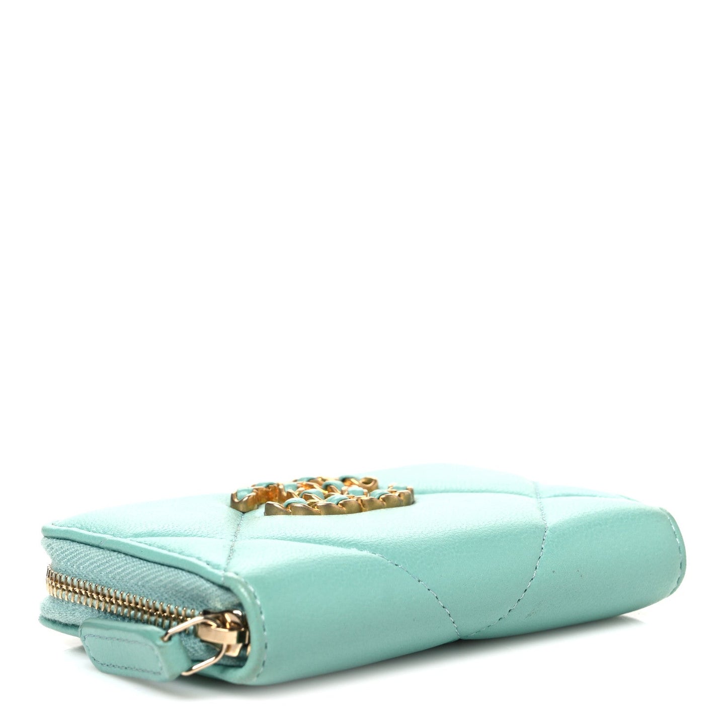 Lambskin Quilted Chanel 19 Zip Around Coin Purse Wallet Light Green