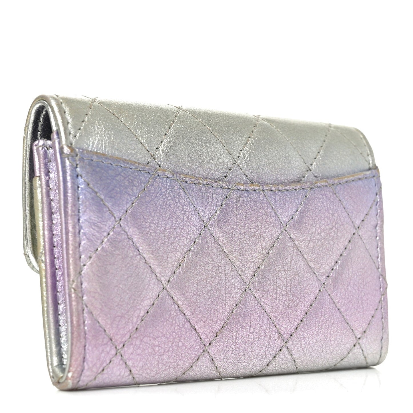 Gradient Metallic Calfskin Quilted Flap Card Holder Wallet Silver Blue Yellow Purple