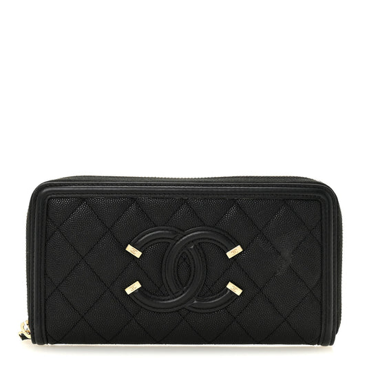 Caviar Quilted Filigree Zip Around Wallet Black