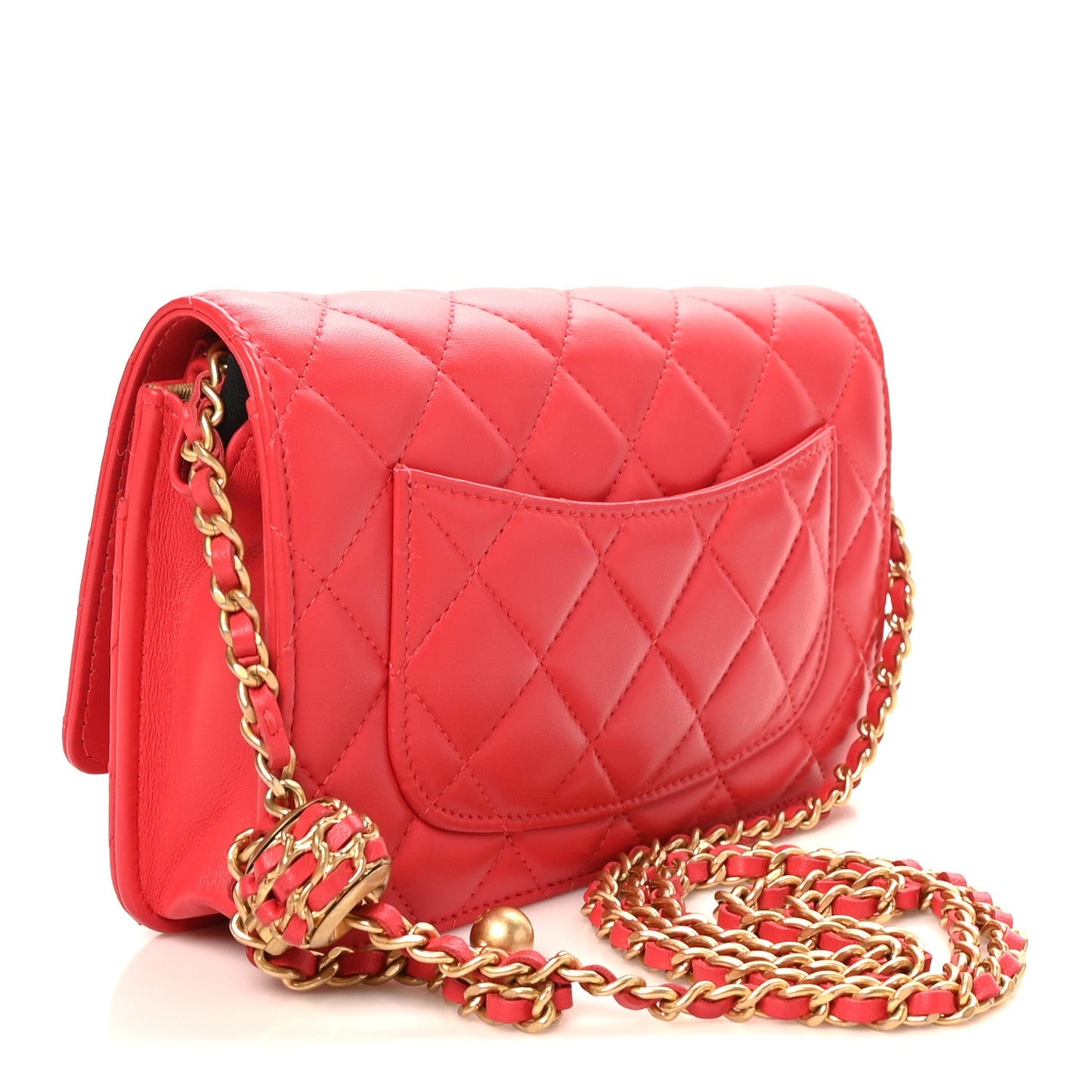 Lambskin Quilted CC Pearl Crush Wallet On Chain WOC  Red