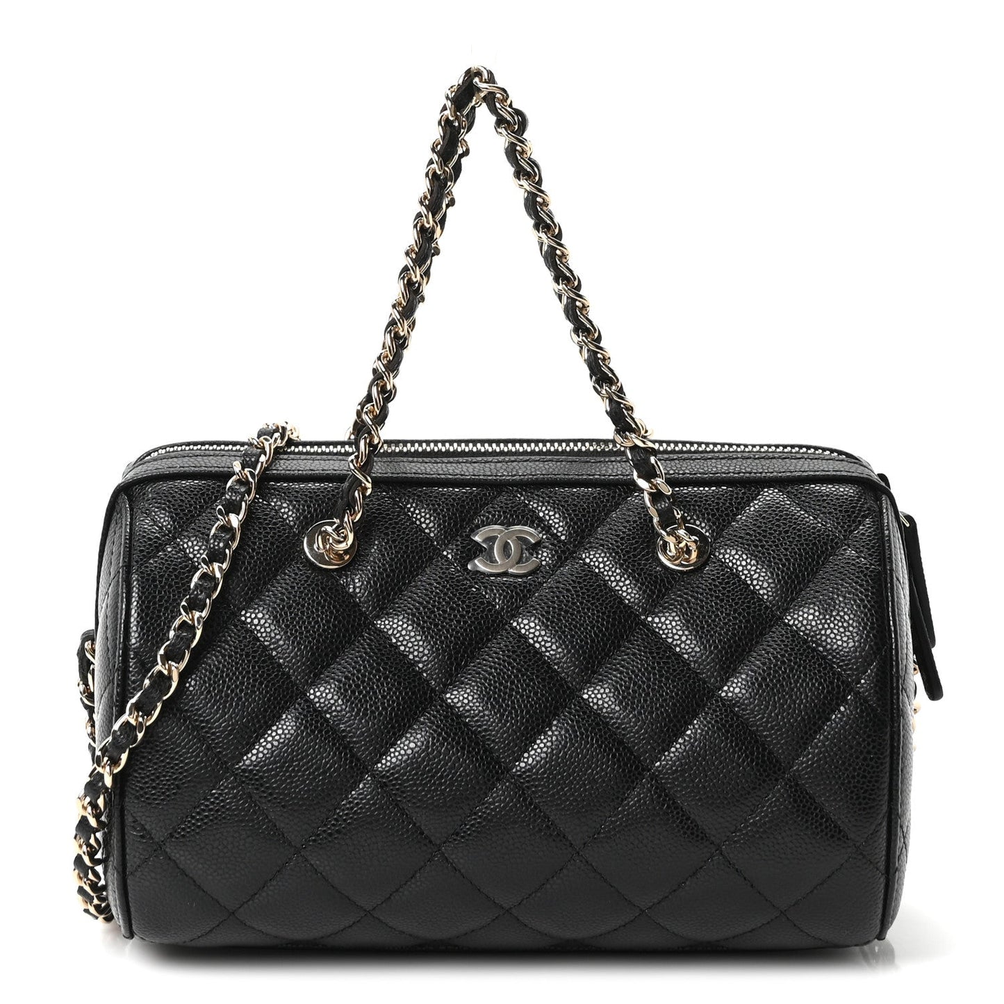 Caviar Quilted Barrel Clutch With Chain Black