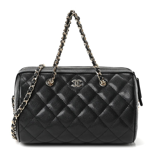 Caviar Quilted Barrel Clutch With Chain Black