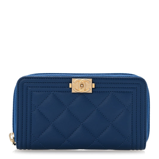 Caviar Quilted Boy Small Zip Around Wallet Blue