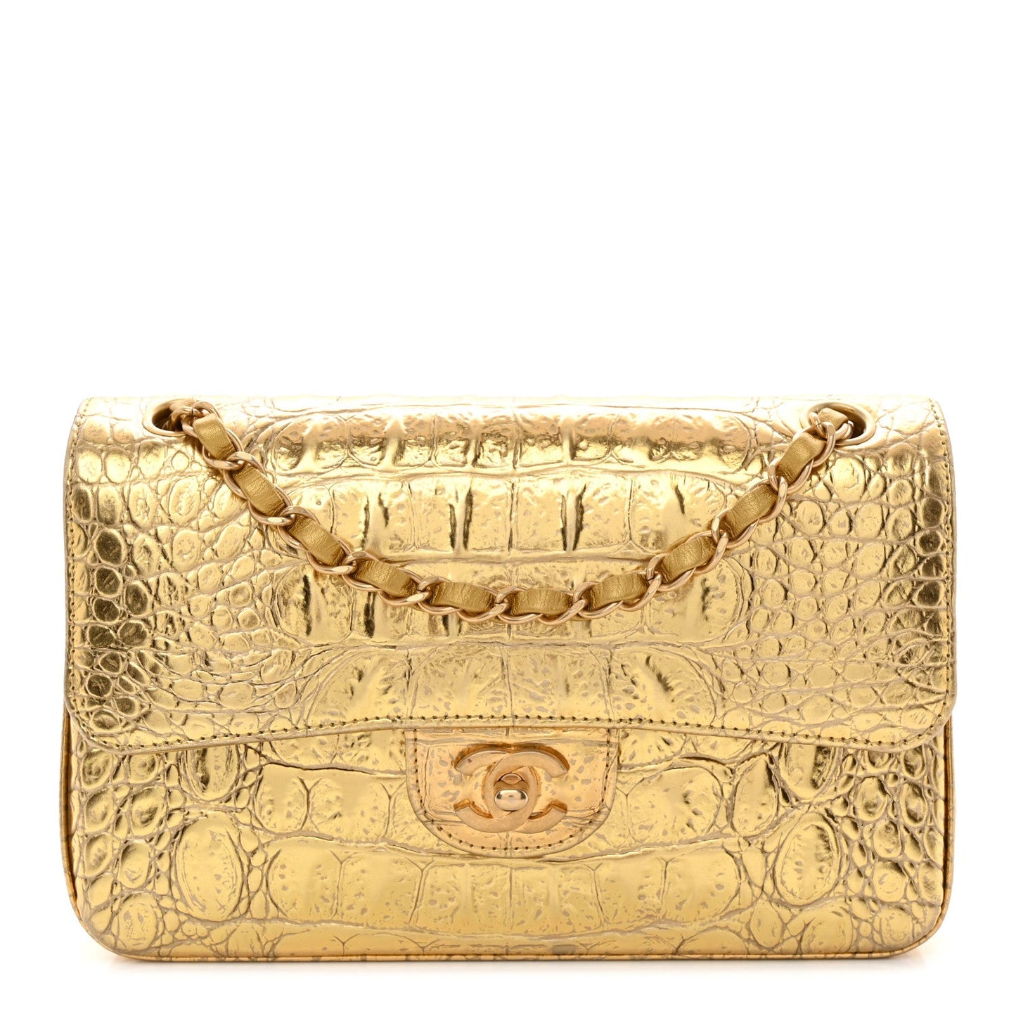 Metallic Calfskin Crocodile Embossed Cocodile Small Double Flap Gold