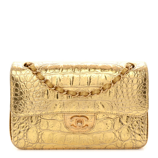 Metallic Calfskin Crocodile Embossed Cocodile Small Double Flap Gold