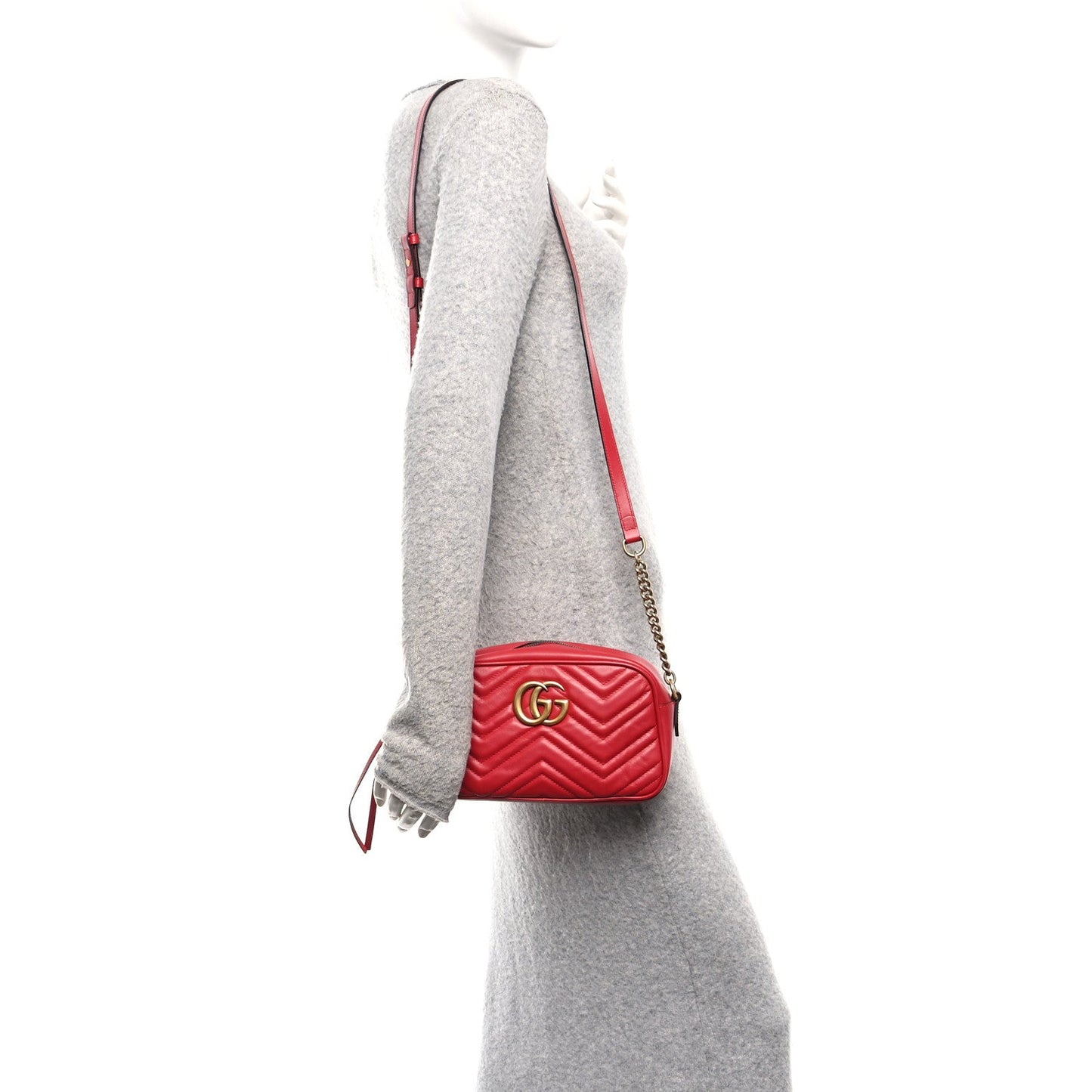 Calfskin Matelasse Small GG Marmont Chain Shoulder Bag Hibiscus Red