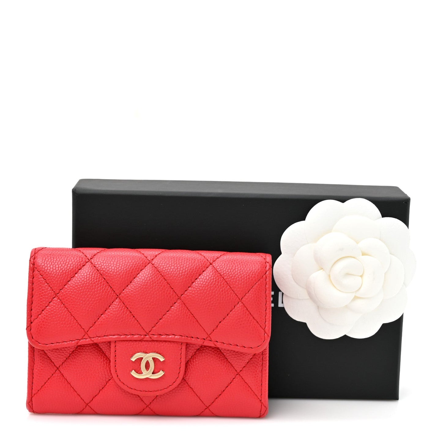 Caviar Quilted Flap Card Holder Wallet Red