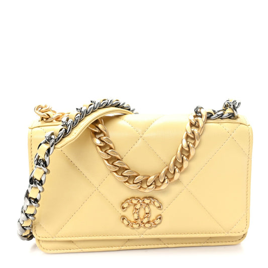 Lambskin Quilted Chanel 19 Wallet On Chain WOC Yellow