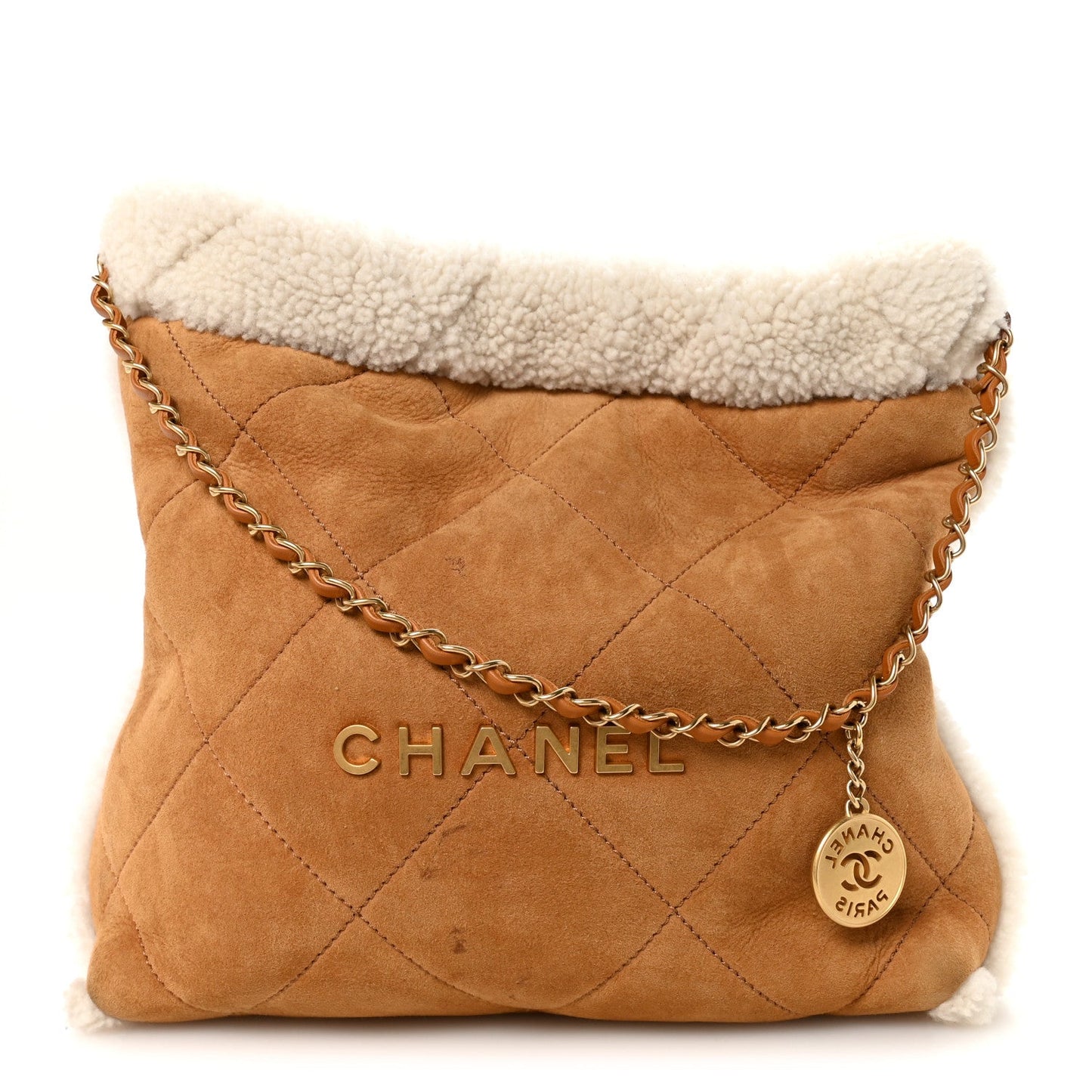 Suede Shearling Quilted Small Chanel 22 Brown White