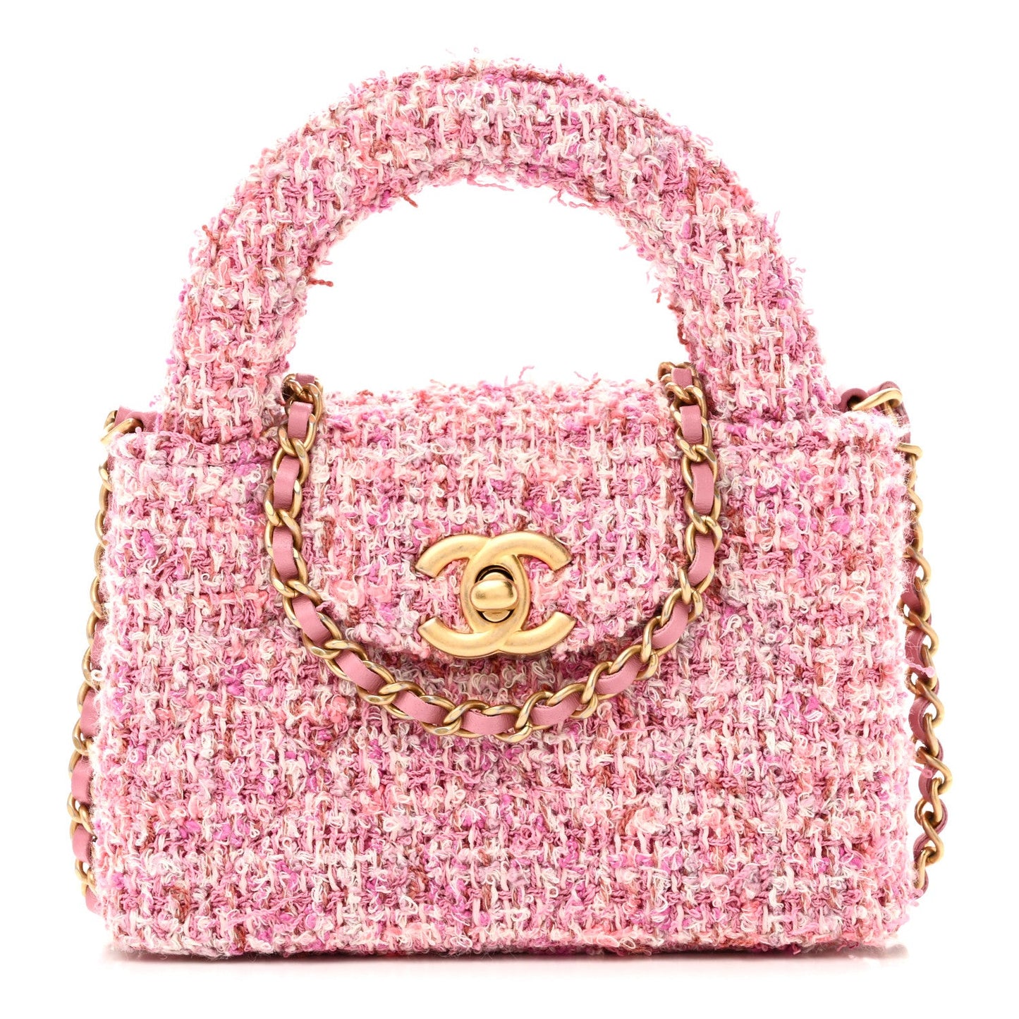 Tweed Quilted Mini Nano Kelly Shopper Pink